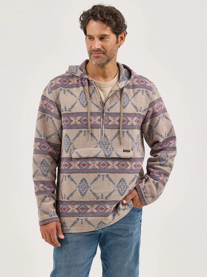Wrangler Men's Desert Taupe Aztec Jacquard 1/4 Zip Hooded Popover Jacket 112368214