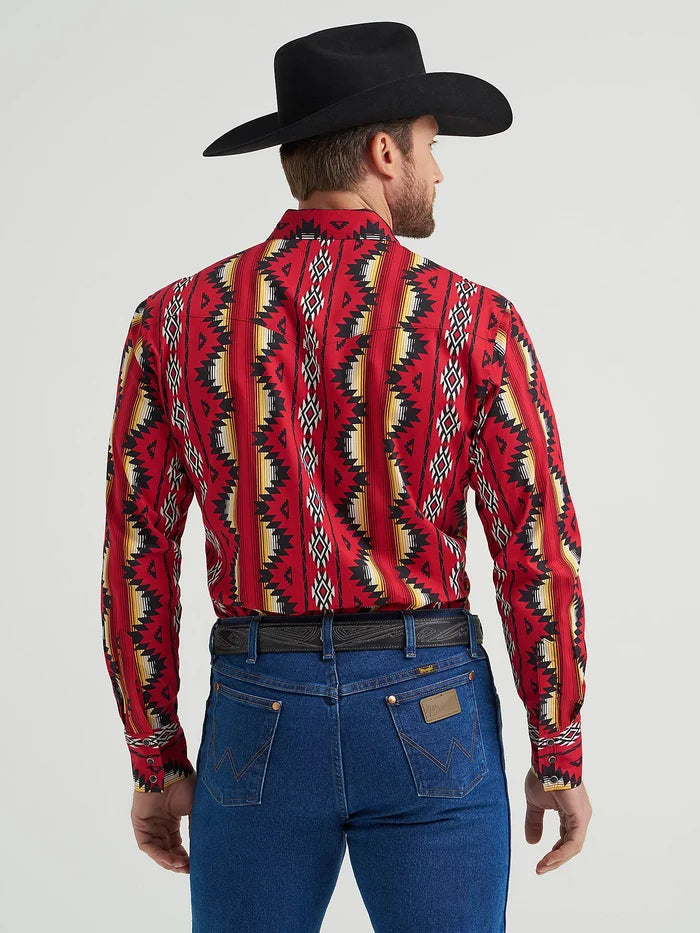 Wrangler Men's Firey Red Checotah Print Pearl Snap Long Sleeve Western Shirt 112369430