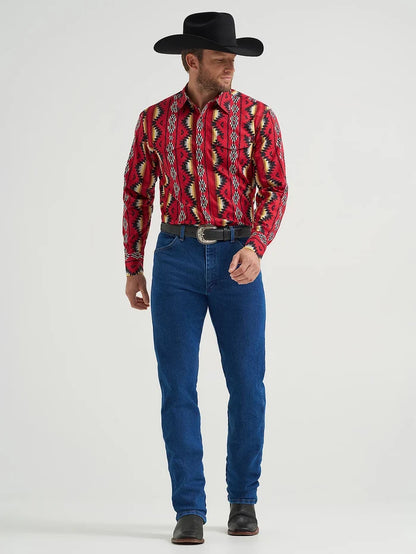 Wrangler Men's Firey Red Checotah Print Pearl Snap Long Sleeve Western Shirt 112369430