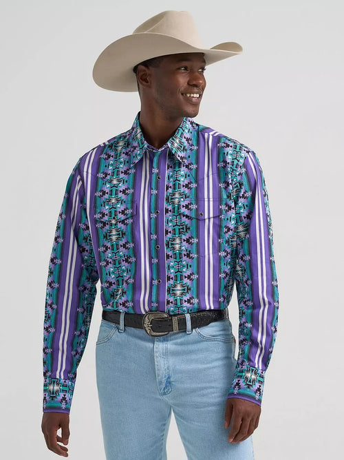 Wrangler Men's Violet Serape Stripe Checotah Print Pearl Snap Long Sleeve Western Shirt 112374916