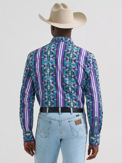 Wrangler Men's Violet Serape Stripe Checotah Print Pearl Snap Long Sleeve Western Shirt 112374916
