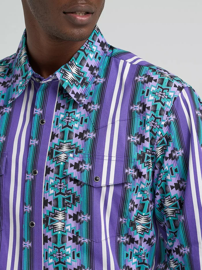 Wrangler Men's Violet Serape Stripe Checotah Print Pearl Snap Long Sleeve Western Shirt 112374916