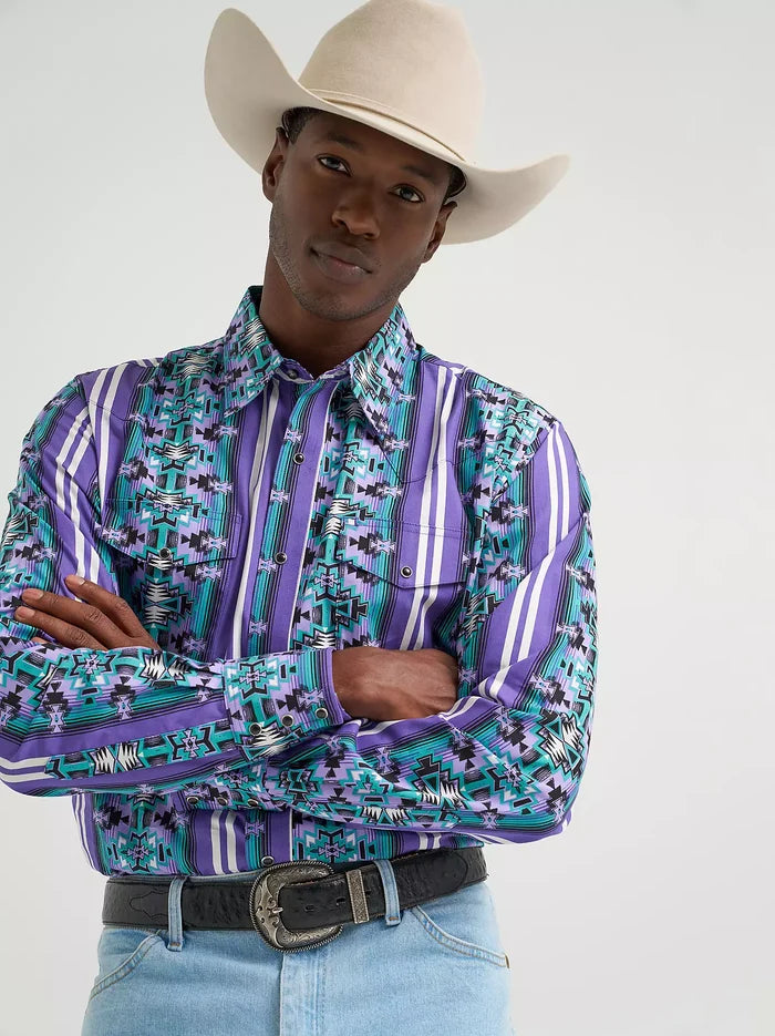 Wrangler Men's Violet Serape Stripe Checotah Print Pearl Snap Long Sleeve Western Shirt 112374916