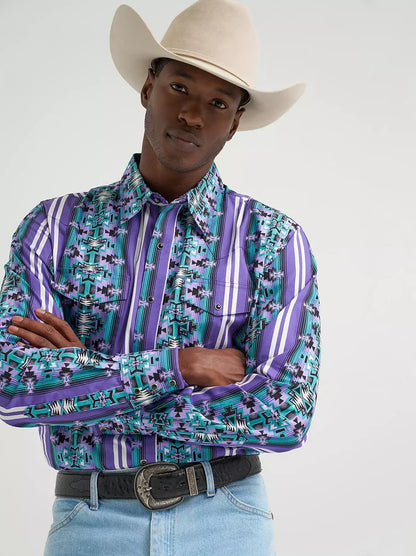 Wrangler Men's Violet Serape Stripe Checotah Print Pearl Snap Long Sleeve Western Shirt 112374916