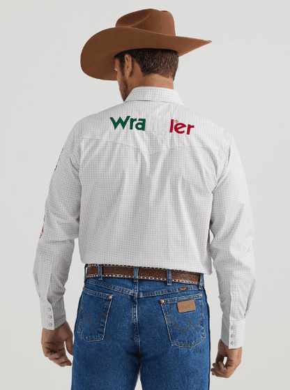 Wrangler Men's White Geo Print Mexican Wrangler Logo Snap Long Sleeve Western Shirt 112346222