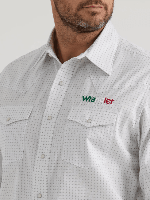 Wrangler Men's White Geo Print Mexican Wrangler Logo Snap Long Sleeve Western Shirt 112346222