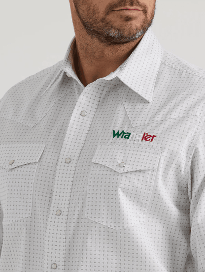 Wrangler Men's White Geo Print Mexican Wrangler Logo Snap Long Sleeve Western Shirt 112346222