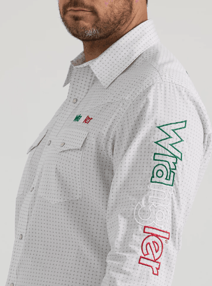 Wrangler Men's White Geo Print Mexican Wrangler Logo Snap Long Sleeve Western Shirt 112346222