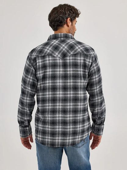 Wrangler Retro Men's Charcoal Grey Plaid Pearl Snap Long Sleeve Flannel Shirt 112368071