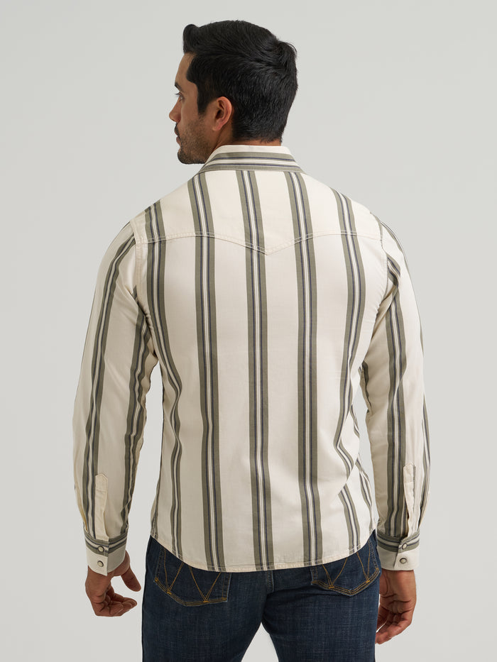 Wrangler Retro Premium Men's Tan Stripe Modern Fit Pearl Snap Long Sleeve Western Shirt 112381538