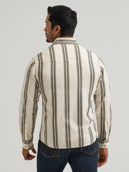 Wrangler Retro Premium Men's Tan Stripe Modern Fit Pearl Snap Long Sleeve Western Shirt 112381538