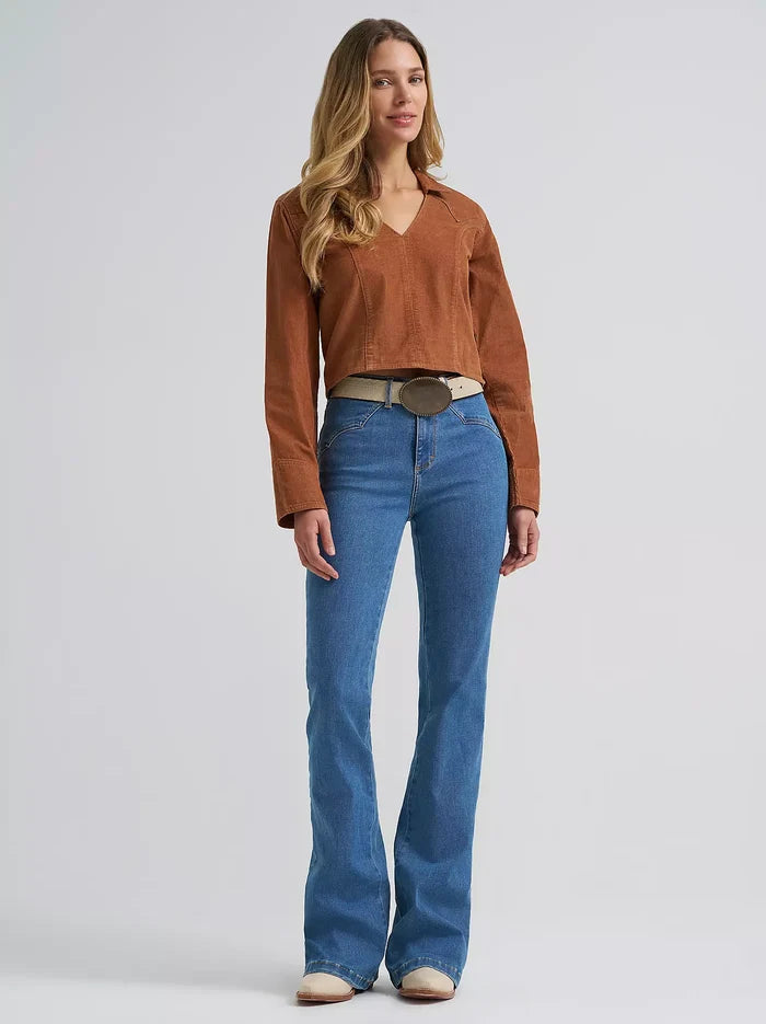 Wrangler Retro Women's Brown Corduroy Long Sleeve Cropped Shirt 112382677