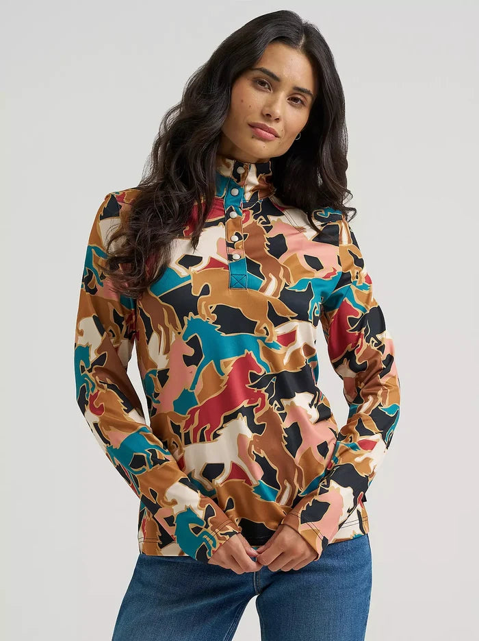 Wrangler Retro Women's Brown Skye Performance Horse Print 1/4 Snap Pullover 112382751