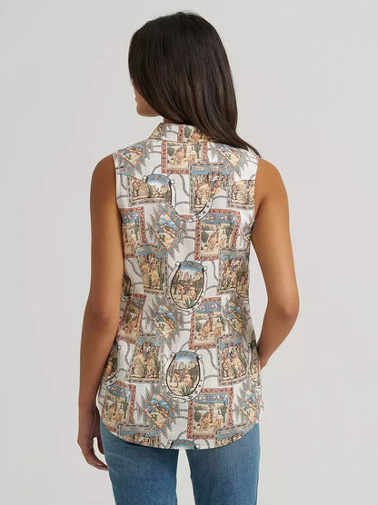 Wrangler Retro Women's Cream Desert Bold Print Pearl Snap Sleeveless Western Shirt 112379518