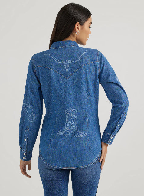 Wrangler Retro Women's Denim Lasered Cowboy Icons Snap Long Sleeve Western Shirt 112356655