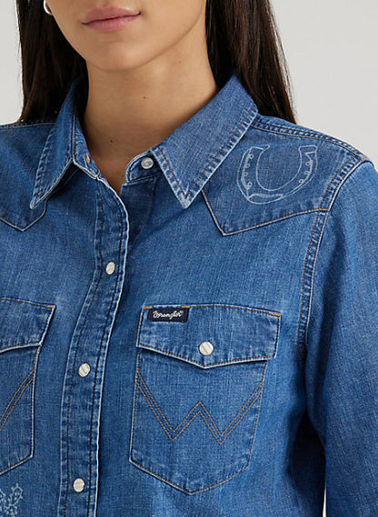Wrangler Retro Women's Denim Lasered Cowboy Icons Snap Long Sleeve Western Shirt 112356655