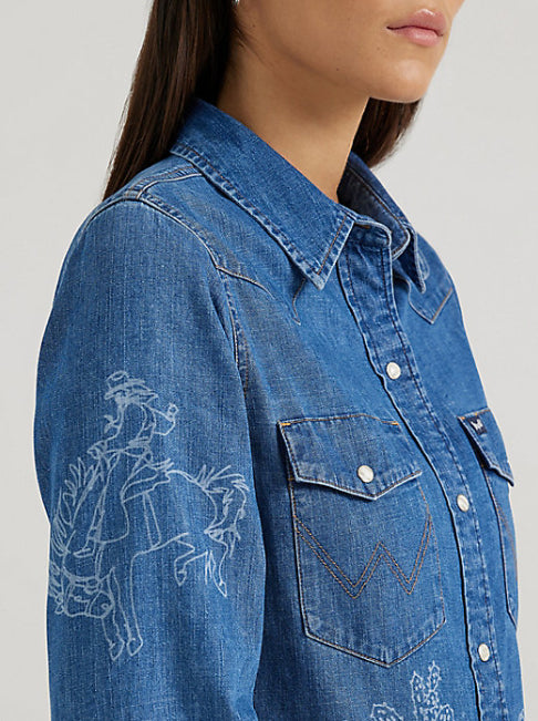 Wrangler Retro Women's Denim Lasered Cowboy Icons Snap Long Sleeve Western Shirt 112356655