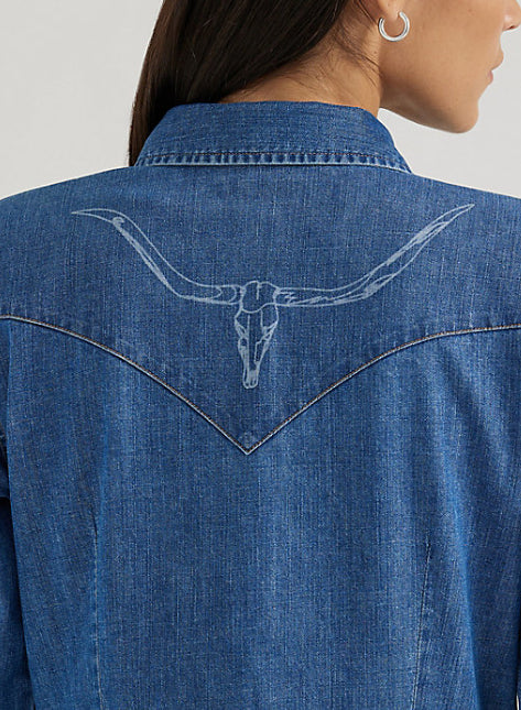 Wrangler Retro Women's Denim Lasered Cowboy Icons Snap Long Sleeve Western Shirt 112356655