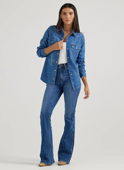 Wrangler Retro Women's Denim Lasered Cowboy Icons Snap Long Sleeve Western Shirt 112356655