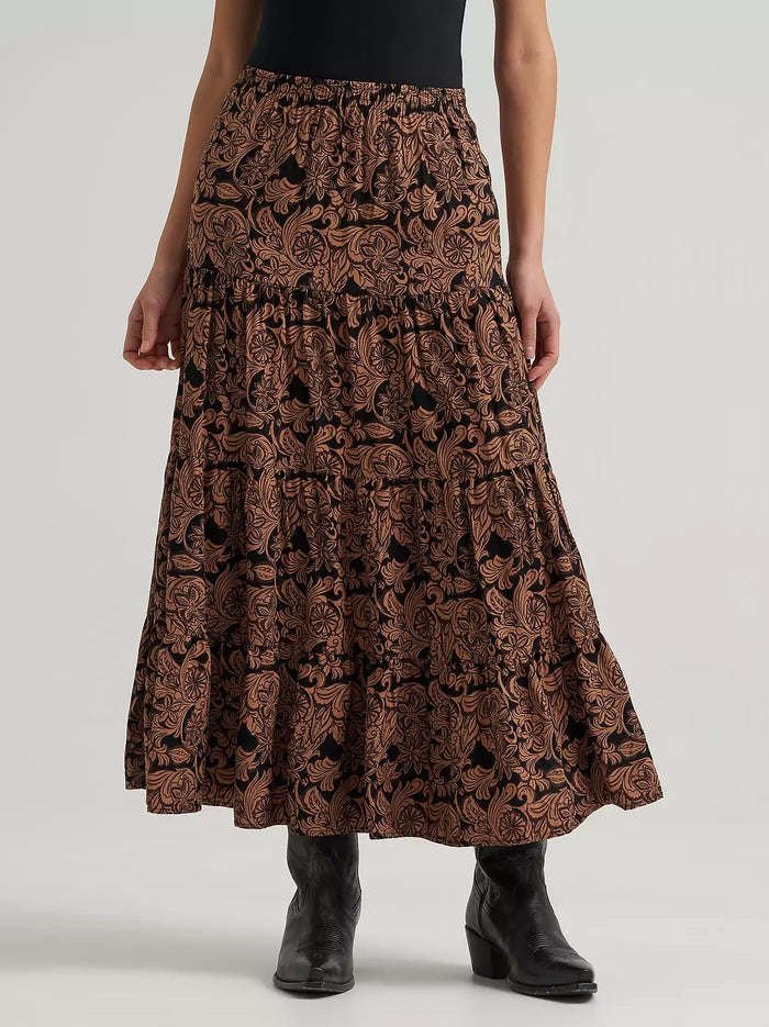 Wrangler Woman's Black & Brown Western Floral Tiered Maxi Skirt 112382513