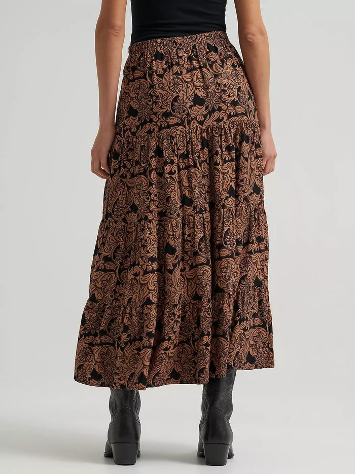Wrangler Woman's Black & Brown Western Floral Tiered Maxi Skirt 112382513