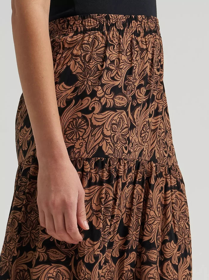 Wrangler Woman's Black & Brown Western Floral Tiered Maxi Skirt 112382513