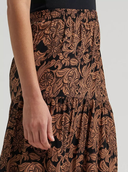 Wrangler Woman's Black & Brown Western Floral Tiered Maxi Skirt 112382513