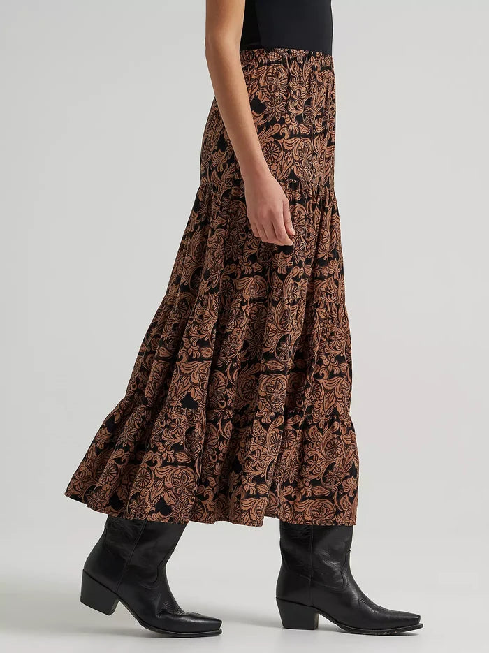 Wrangler Woman's Black & Brown Western Floral Tiered Maxi Skirt 112382513
