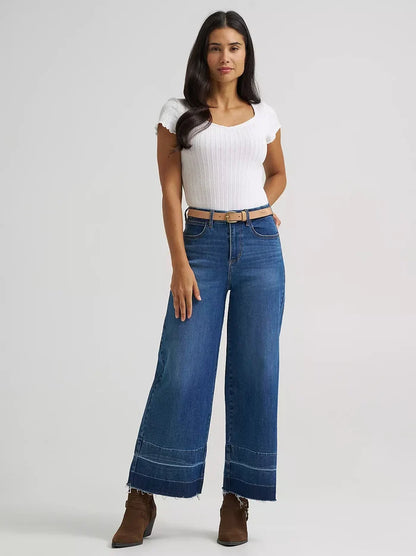 Wrangler Women's Bespoke Leanna Medium Wash High Rise Wide Leg Raw Hem Crop Jeans 112382335