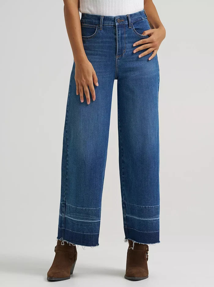 Wrangler Women's Bespoke Leanna Medium Wash High Rise Wide Leg Raw Hem Crop Jeans 112382335