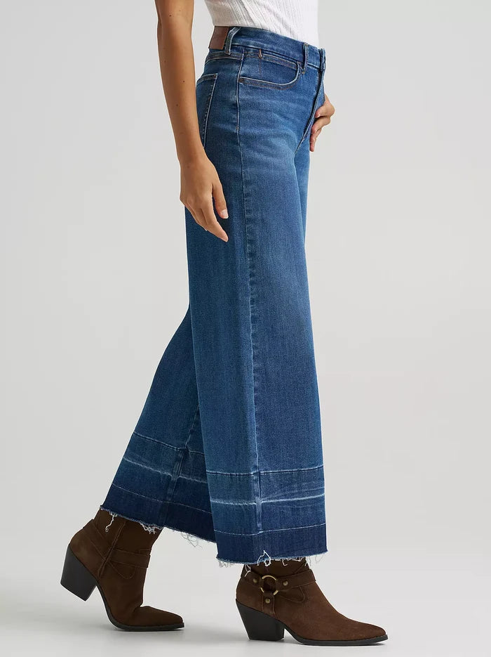 Wrangler Women's Bespoke Leanna Medium Wash High Rise Wide Leg Raw Hem Crop Jeans 112382335