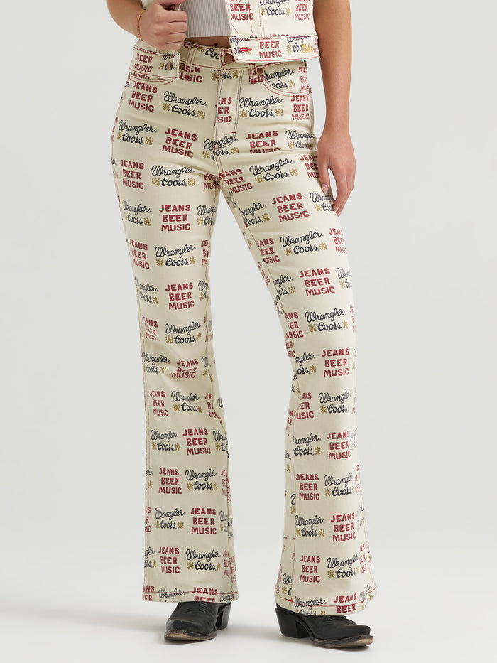 Wrangler X Coors2.0 Women's Tan 'Jeans Beer Music' Print High-Rise Flare Jeans 112382897