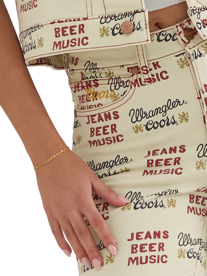 Wrangler X Coors2.0 Women's Tan 'Jeans Beer Music' Print High-Rise Flare Jeans 112382897
