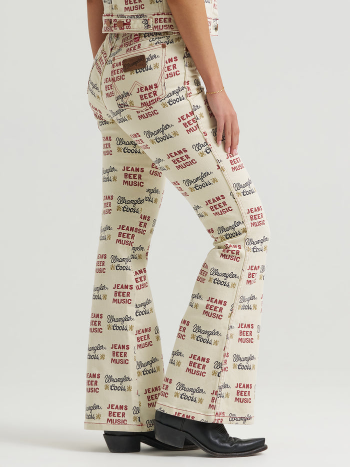 Wrangler X Coors2.0 Women's Tan 'Jeans Beer Music' Print High-Rise Flare Jeans 112382897