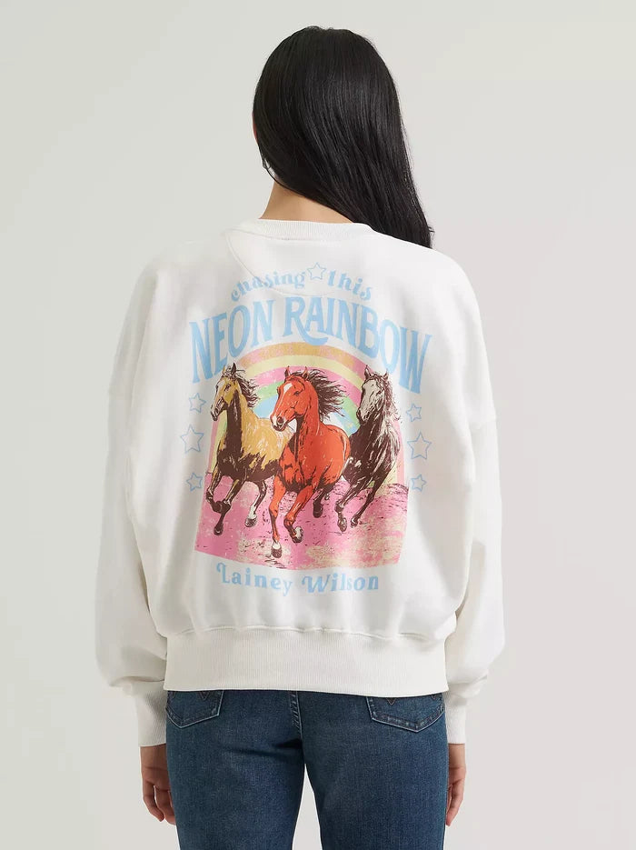 Wrangler X Women's Lainey Wilson Off White Neon Rainbow Horses Sweatshirt 112382846