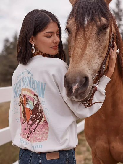 Wrangler X Women's Lainey Wilson Off White Neon Rainbow Horses Sweatshirt 112382846